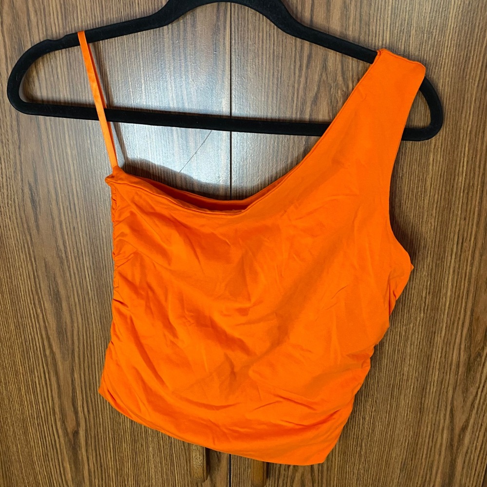 superdown One Shoulder Top Women Small Orange Ruched Asymmetrical Tank Cropped